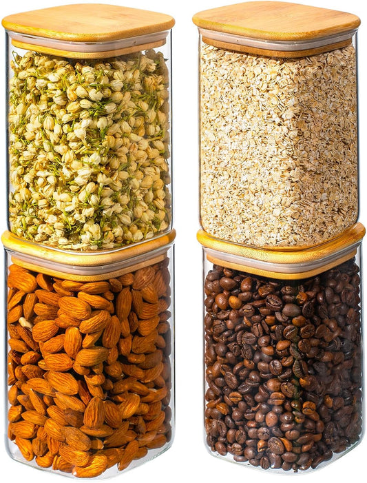 37oz 4PCS Glass Storage Containers with Lids, Glass Jars with Lids Pantry Food Storage Jars, Square Canister For Cookie, Nuts, Snack, Cereal, Candy, LeafTea, Coffee, Spice