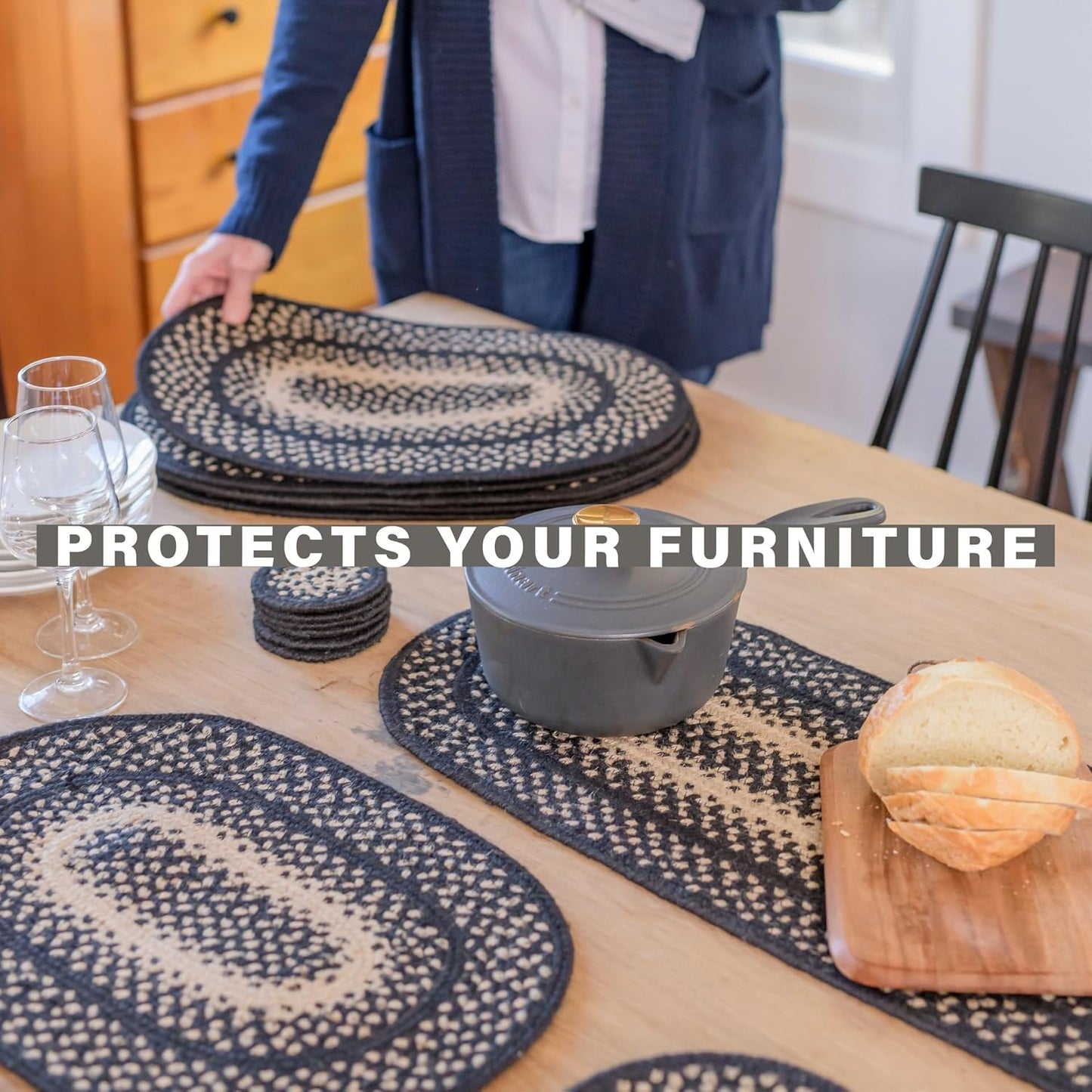 Homespice Manchester Oval Table Runner - 11"x36", Black & Tan - Handcrafted with Jute - Rich Colors, Easy to Clean, Durable and Protects Furniture