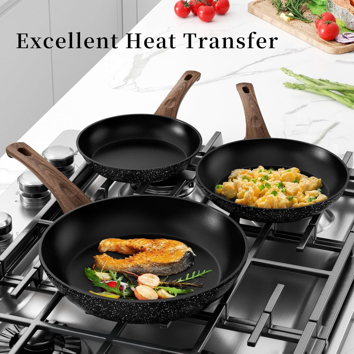 Innerwell Frying Pan Set With Lids - Non Stick Frying Pans Set 3 Pcs, Nonstick Skillet Pans Set Egg Omelette Pan W/Lid, PFOA Free, Induction Non Toxic Cooking Black Pan Set