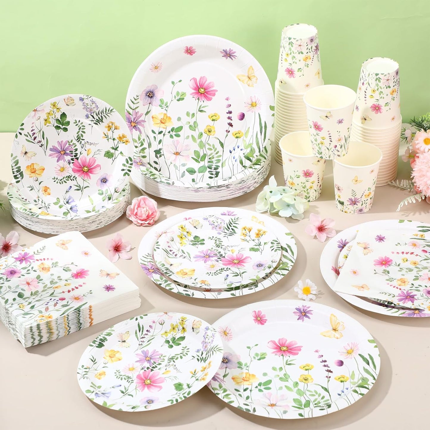 250 Pcs Wildflower Party Decorations Include Spring Summer Floral Paper Plates Napkins and Cups for Wildflower Baby Shower Tea Decorations, Serve 50 Guest(Watercolor,Fresh Style)