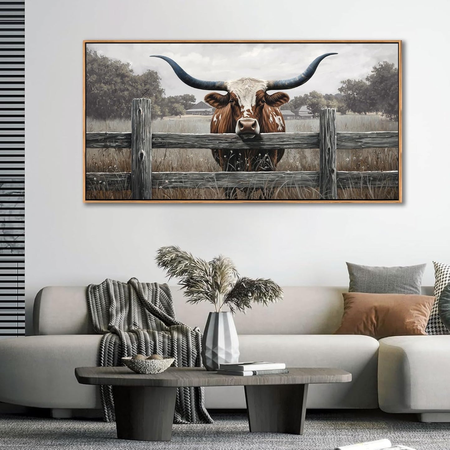 Highland Cow Wall Art - Rustic Farmhouse Wall Art for Country Wall Decor, Vintage Artwork for Walls, Framed Pictures for Living Room, Large Canvas Painting for Bedroom Above Bed 24×48IN