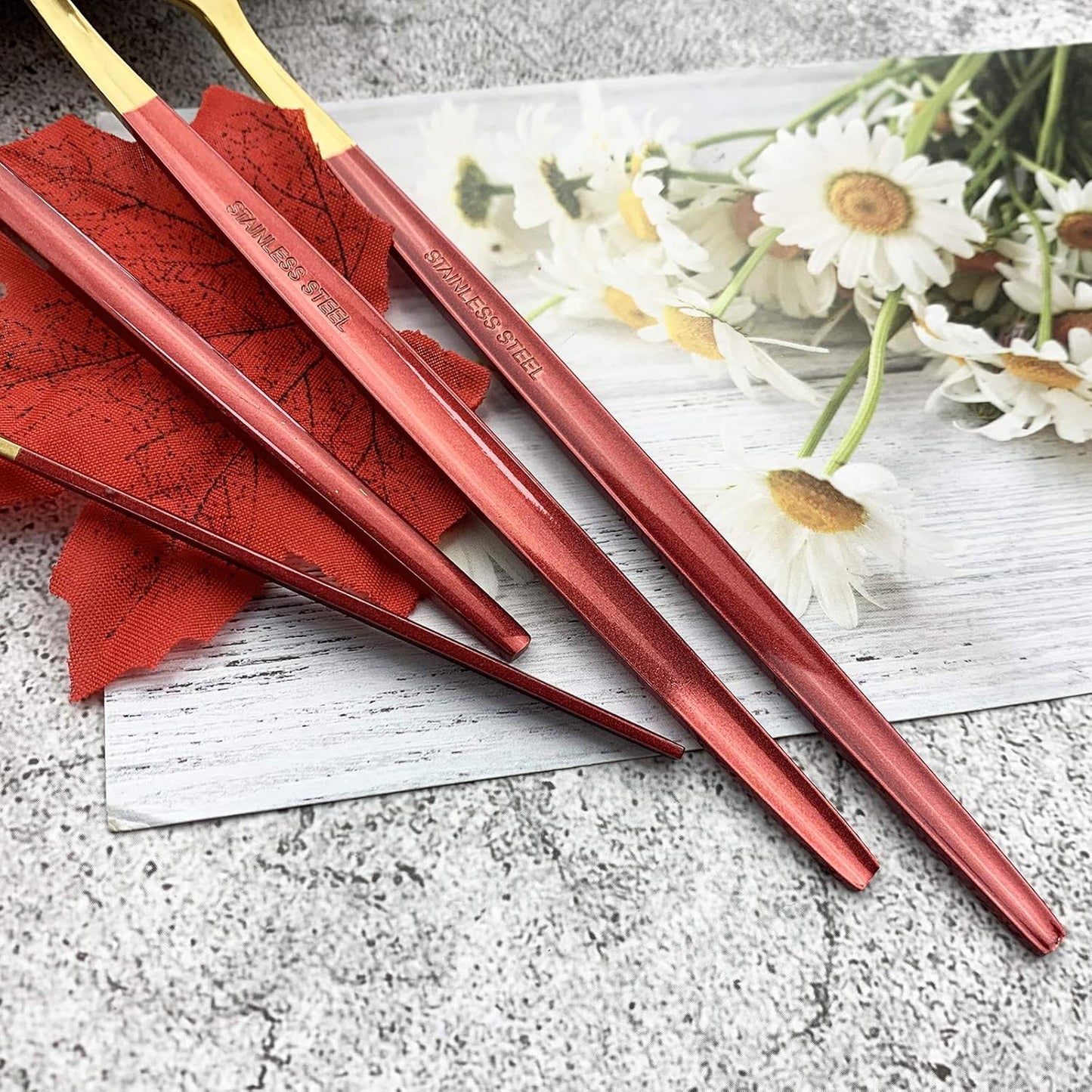 JASHII 18/10 Silver Silverware Set Stainless Steel Flatware Utensils Set Gold Cutlery Set| 24-Piece Modern Cubiertos Dorados| BEST Birthday Wedding Gift (4 sets, Red Handle Gold Mirror Polish)