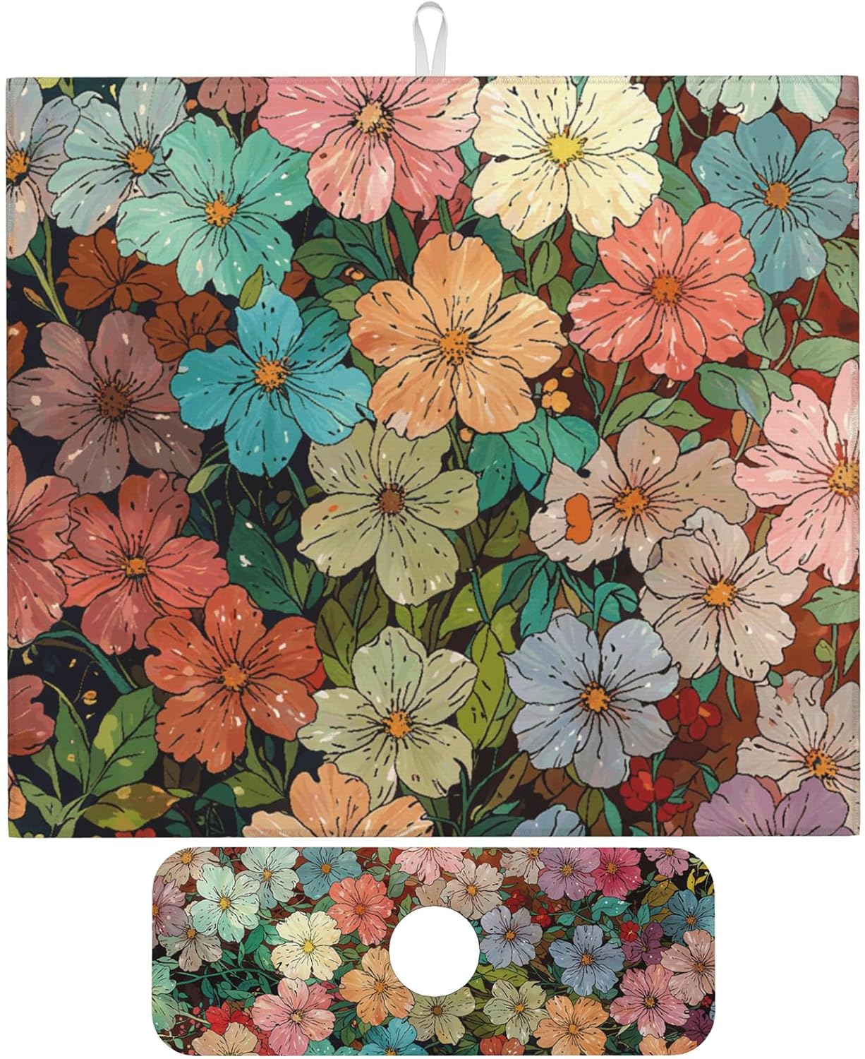 Colorful Wildflowers Dish Drying Mat for Kitchen Counter, 16"x18" Microfiber Absorbent Fast Dry Mat, 2Pcs Dish Mat Faucet Mats Sets, Large Drying Kitchen Mat Kitchen Drying Pad Coffee Bar Decor Gifts