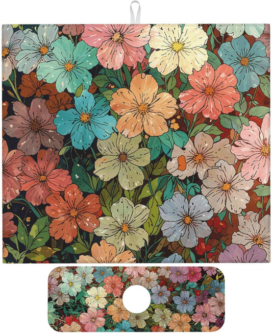 Colorful Wildflowers Dish Drying Mat for Kitchen Counter, 16"x18" Microfiber Absorbent Fast Dry Mat, 2Pcs Dish Mat Faucet Mats Sets, Large Drying Kitchen Mat Kitchen Drying Pad Coffee Bar Decor Gifts