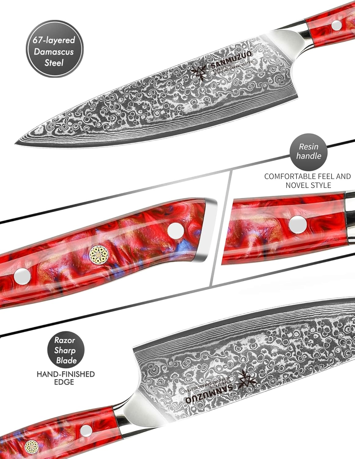 Chef Knife - 8 inch - Xuan Series - VG10 Damascus Steel Kitchen Knife - Resin Handle (Sunset Red)