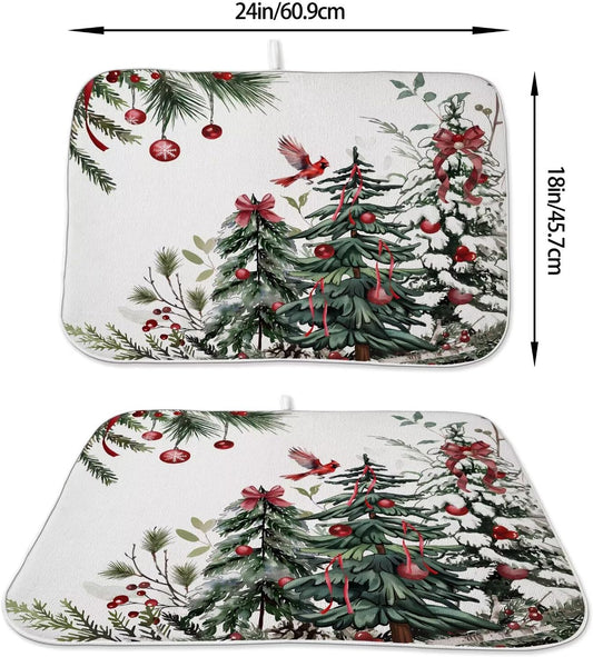 Christmas Dish Drying Mat 18 x 24 inch Winter Christmas Tree Pine Trees Decorative Drying Mats Microfiber Absorbent Xmas Decor Dish Washable Draining Mat for Kitchen Counter