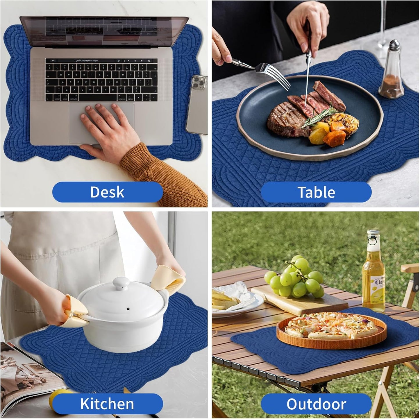 6 PC Quilted Placemats, 18"X13"Extra Large Cotton Placemats Set of 6, 100% Cotton Fabric Washable Cloth Table Mats for Kitchen & Dining Table - Soft &Easy Clean(Sapphire Blue, Rectangular)