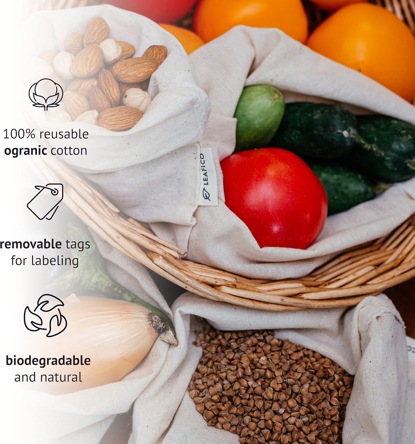 Organic Cotton Produce Bags - Medium 8x10 Inch (12 Bags) - Reusable Muslin Storage Bags with Drawstrings - Biodegradable Canvas Fabric - Perfect for Snacks, Clothes