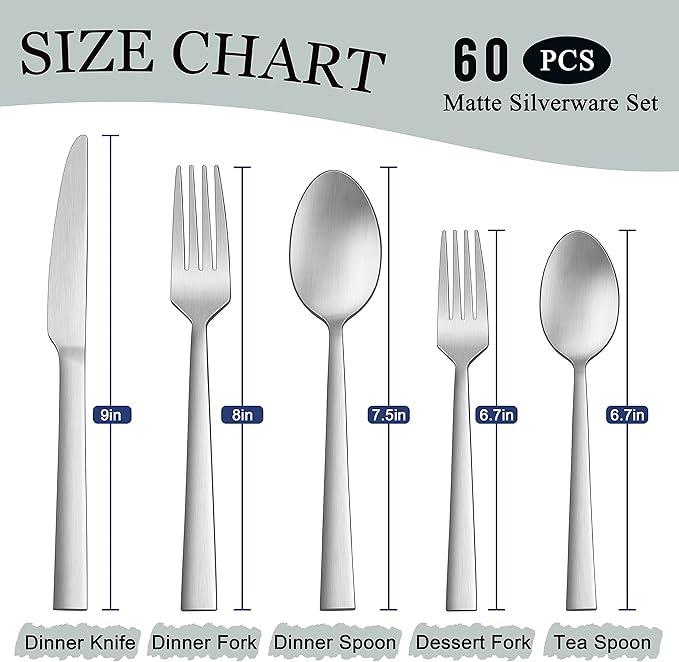 Herogo 60-Piece Matte Silverware Set for 12, Stainless Steel Square Flatware Cutlery Set, Tableware Eating Utensils Include Knife Spoon Fork, Satin Finish, Dishwasher Safe