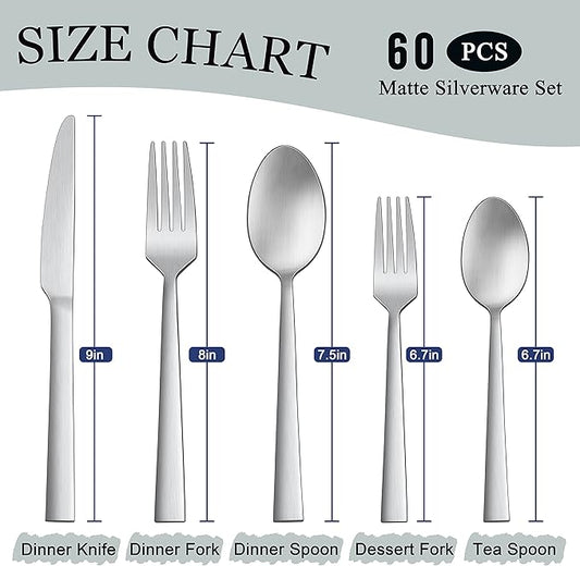 Herogo 60-Piece Matte Silverware Set for 12, Stainless Steel Square Flatware Cutlery Set, Tableware Eating Utensils Include Knife Spoon Fork, Satin Finish, Dishwasher Safe