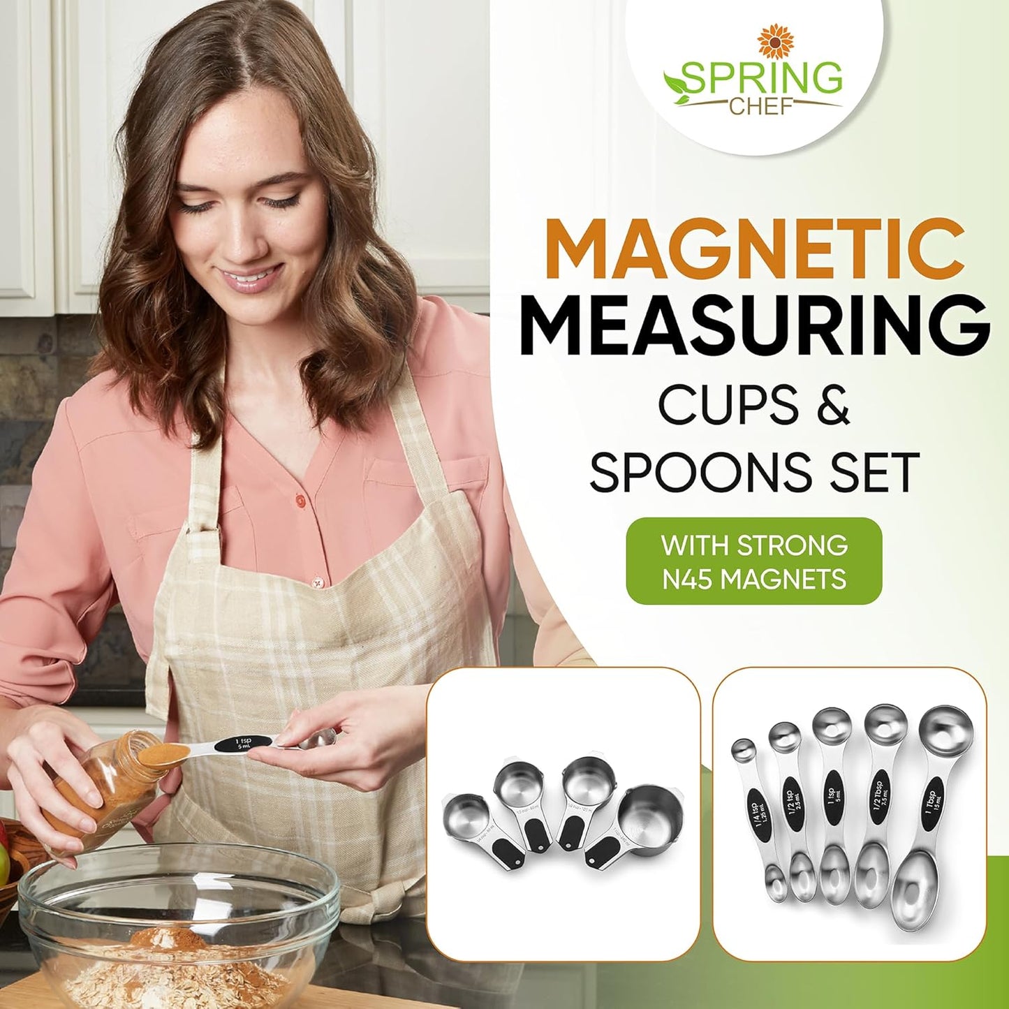 Spring Chef Magnetic Measuring Cups & Spoons Set, Patented, Strong N45 Magnets, Heavy Duty Stainless Steel Fits in Spice Jars for Baking & Cooking, BPA Free, Round Set of 9, Black