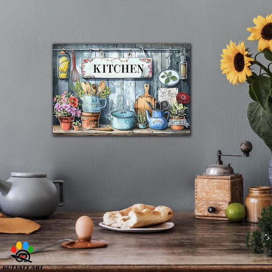 GUTTATY Kitchen Pictures Wall Decor, Farmhouse Wall Art Colorful Flowers and Various Spoons Painting for Dinning Room Restaurant Decor, Mother's Day Gift for Grandma Mom Hanging Artwork 18×24 Inch