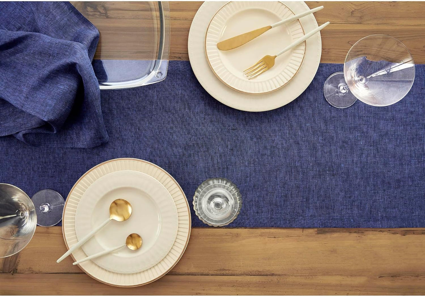 Solino Home Linen Chambray Navy Table Runner 120 Inches Long - Athena, 100% Pure Linen Dining Table Runner 14 x 120 Inch for Fall, Autumn, Thanksgiving, Christmas, Holiday