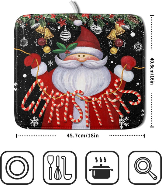 Christmas Dish Drying Mat for Kitchen Counter Santa Claus Winter Snowflake Xmas Jingle Bells Dishes Pad Dish Drainer Rack Mats Absorbent Fast Dry Kitchen Accessories,16 x 18 inch