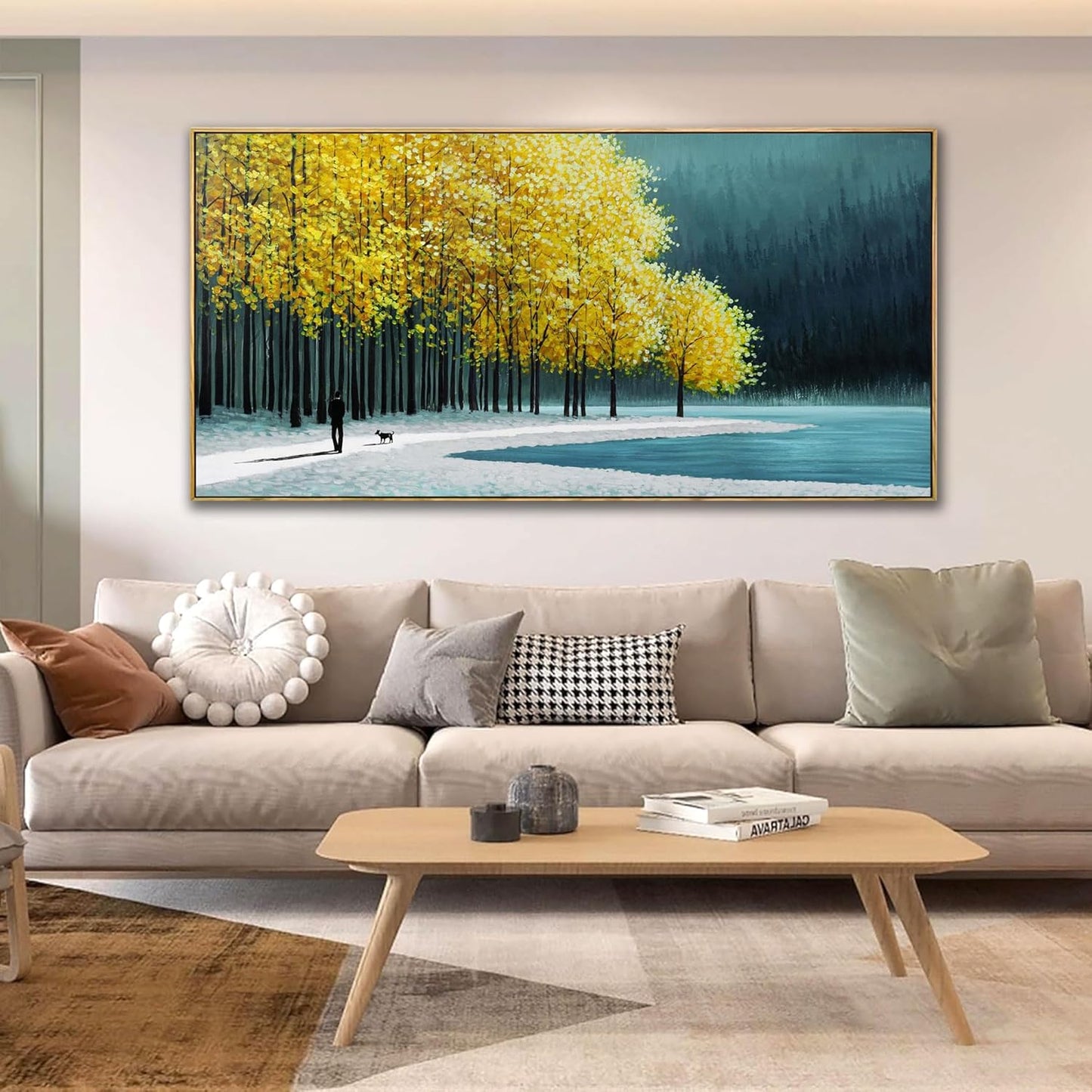 KLAKLA Large Wall Art - Yellow Bedroom Birch Tree Valley Snowy Forest Wild Lakes Landscape Canvas Pictures Wall Decoration for Living Room Office Home Decor - 58x29 Inches