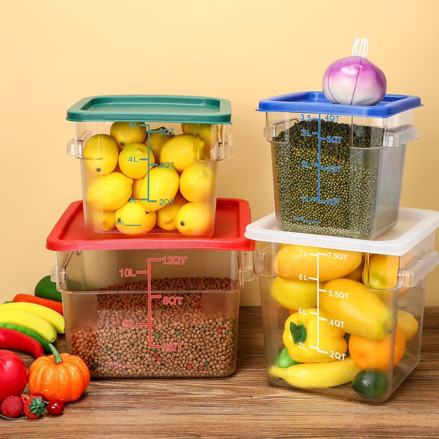 Maxcheck 4 Pcs 4Qt Food Storage Container with Lids Set Square Clear Commercial Containers with Scale and Handle Space Saving for Home Kitchen Restaurant Proof Dough Marinating Meat (Red, Green)