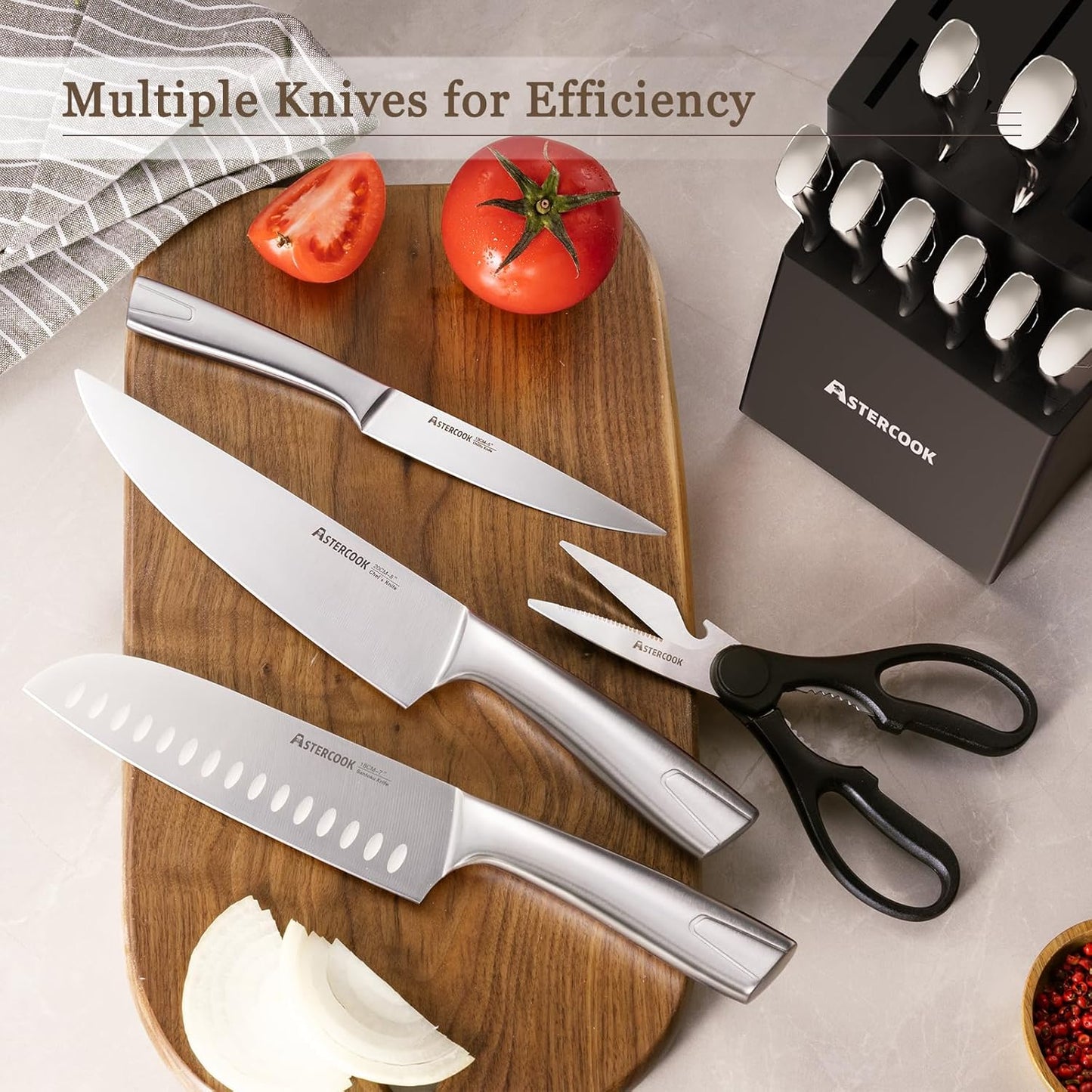 Astercook Knife Set Kitchen with Block and Sharpener Full Tang 15 Pcs Premium Stainless Steel Knives Dishwasher Safe Utensils Set with Ultra Sharp Blade and Anti-slip Ergonomic Handle, Elegant Black