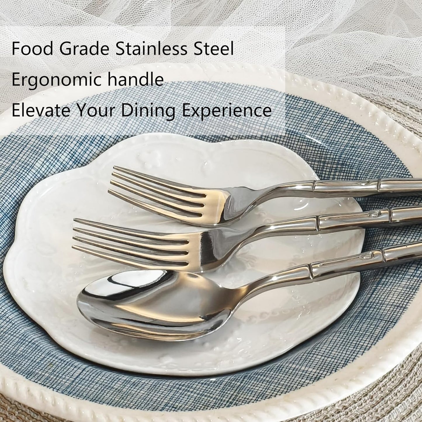 Bamboo 20-Piece Silverware Set, Stainless Steel Flatware Set, Cutlery Set Mirror Polished, Dishwasher Safe, Service for 4