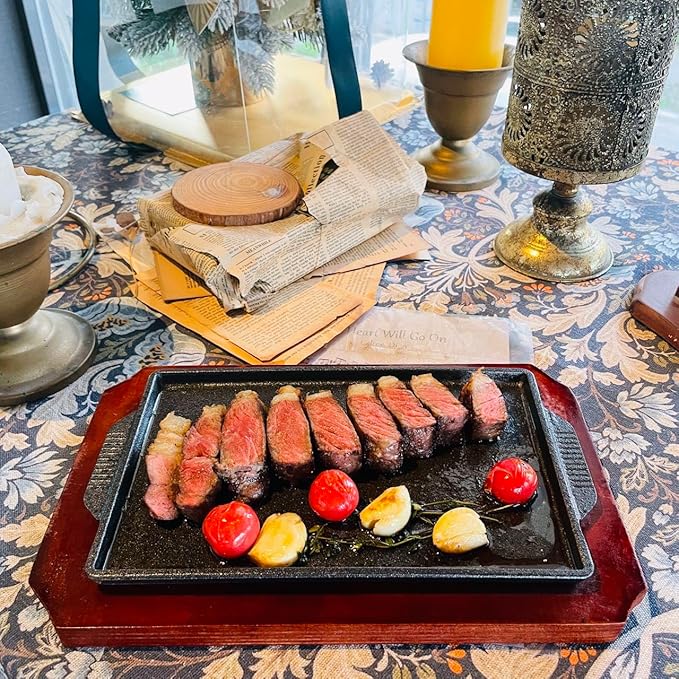 Cast Iron Steak Plate, Grill Pans, Sizzle Griddle with Wooden Base, Steak Pan, Griddle Grill Pan with handles (Plate with Base 6.7" x 4.4")