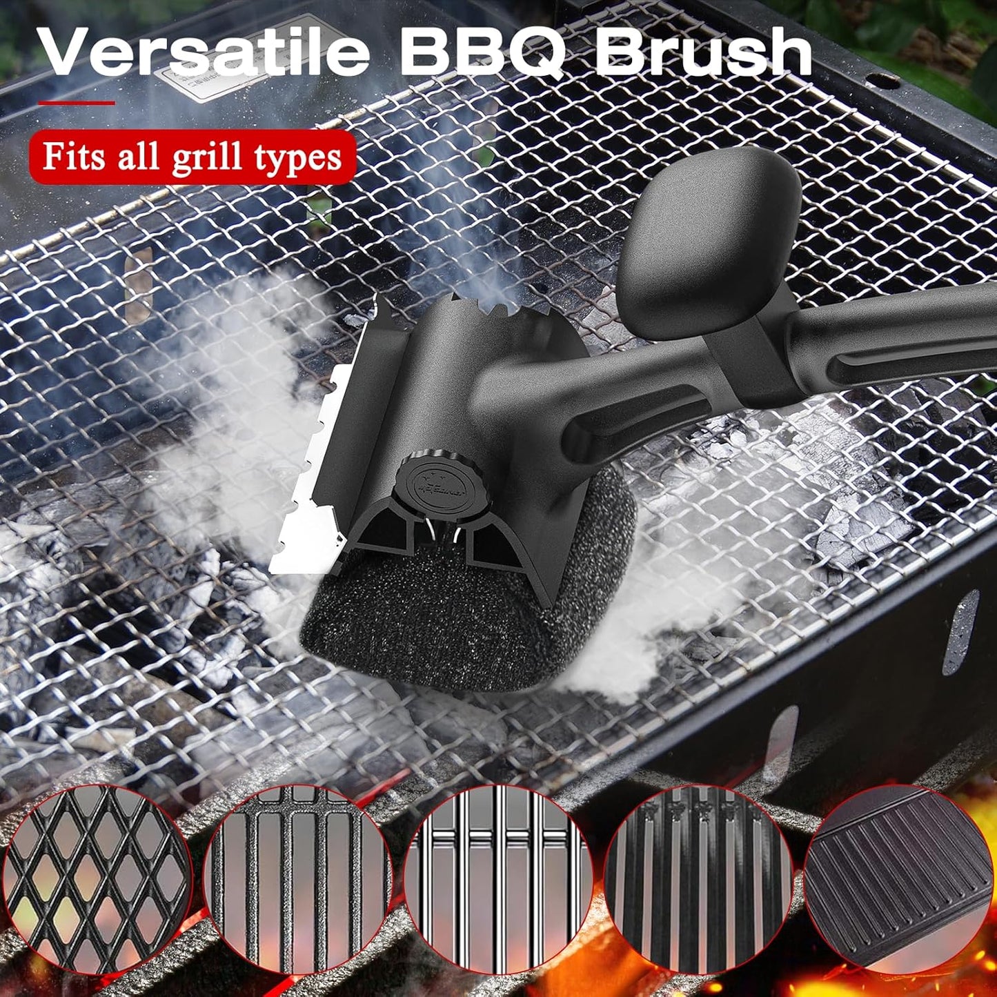 Grill Brush for Outdoor BBQ - Replaceable Bristle Free Heading + Reinforced Scraper - Safe BBQ Accessories for Porcelain/Gas/Charcoal/Smoker/Cast Iron Grill - Cleaning Brush(Black)