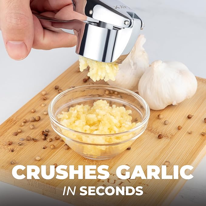 Zulay Kitchen Large Premium Garlic Press Set – Rust Proof & Dishwasher Safe, Bigger Bowl Garlic Mincer Tool with Silicone Garlic Peeler & Brush, Easy Squeeze & Clean, Ergonomic Handle - Chrome
