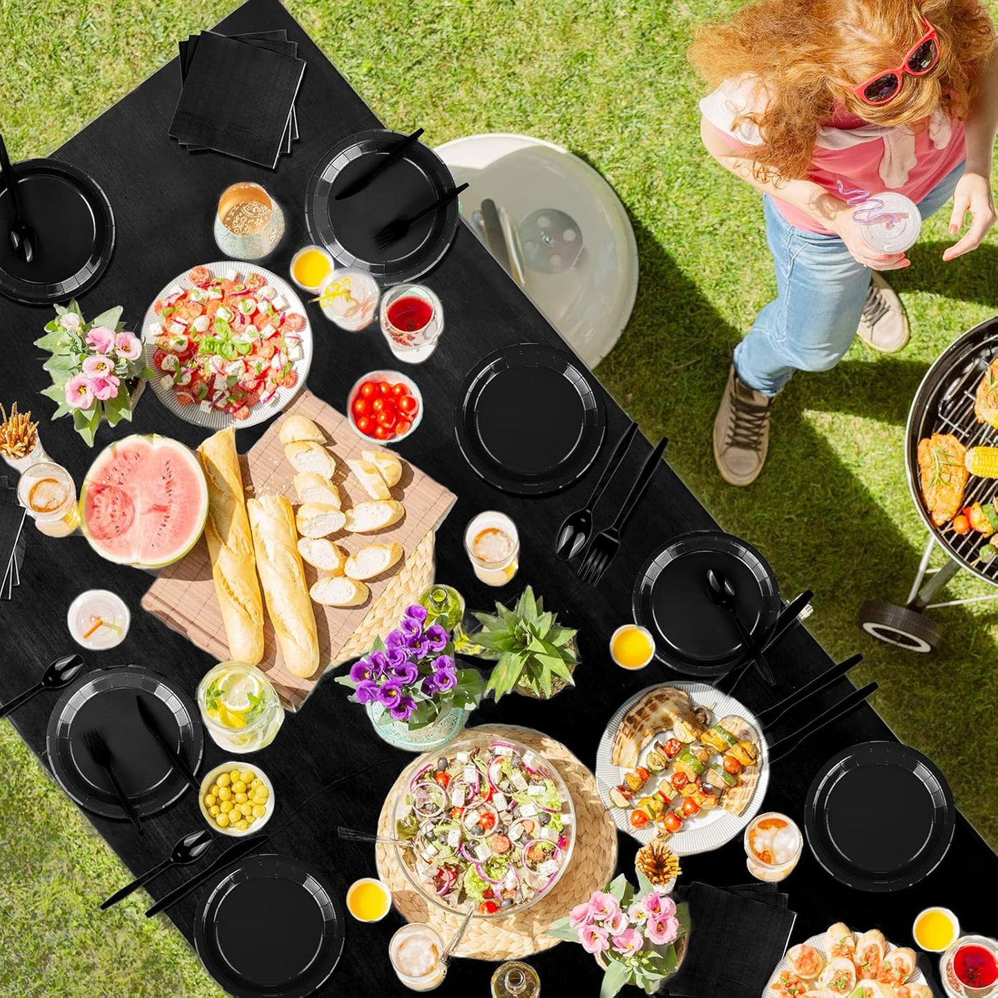 TWOWYHI 229PCS Black Party Supplies Set Paper Disposable Plates Cups Plastic Spoons Forks Knives Black Napkins for 30 Guests Disposable Party Dinnerware Sets for Wedding Birthday Parties