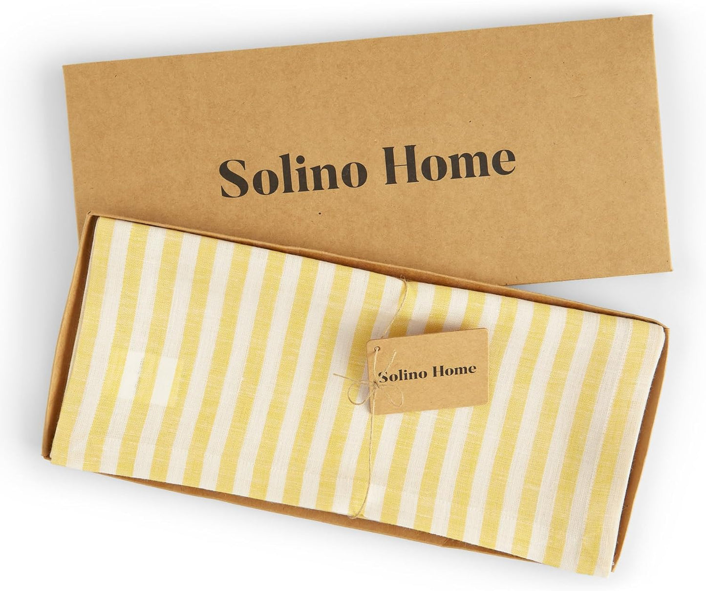 Solino Home Linen Table Runner 60 Inches - Amalfi Stripe 100% Pure Linen Primrose Yellow and White Farmhouse Table Runner 14 x 60 Inch Ideal for Dresser and Coffee Tables