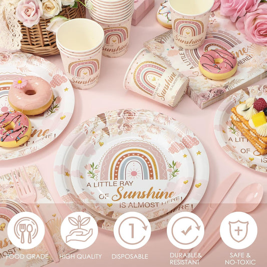 Dandat 350 Pcs Baby Shower Plates Set Baby Shower Party Supplies Serves 50 Tableware Sets Include Plates Napkin Cup Forks Knives Spoons Disposable Dinnerware(Boho Rainbow,Pink)
