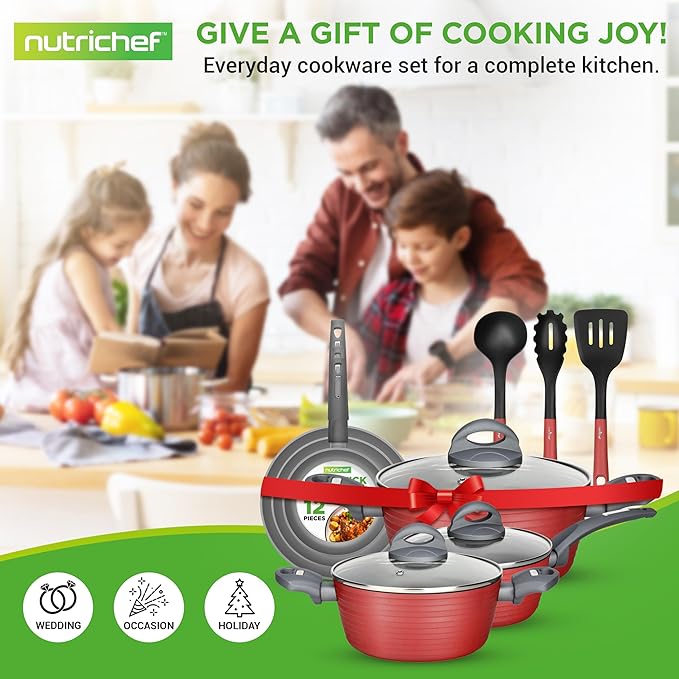 NutriChefKitchen 12-Piece Nonstick Kitchen Cookware Set-PTFE/PFOA/PFOS-Free Heat Resistant Lacquer Kitchen Ware Pots Pan Set Dark Gray/Red- Saucepot, Pans, Cooking Pot Oven Pot,Lid,Utensil - NCCW12RED