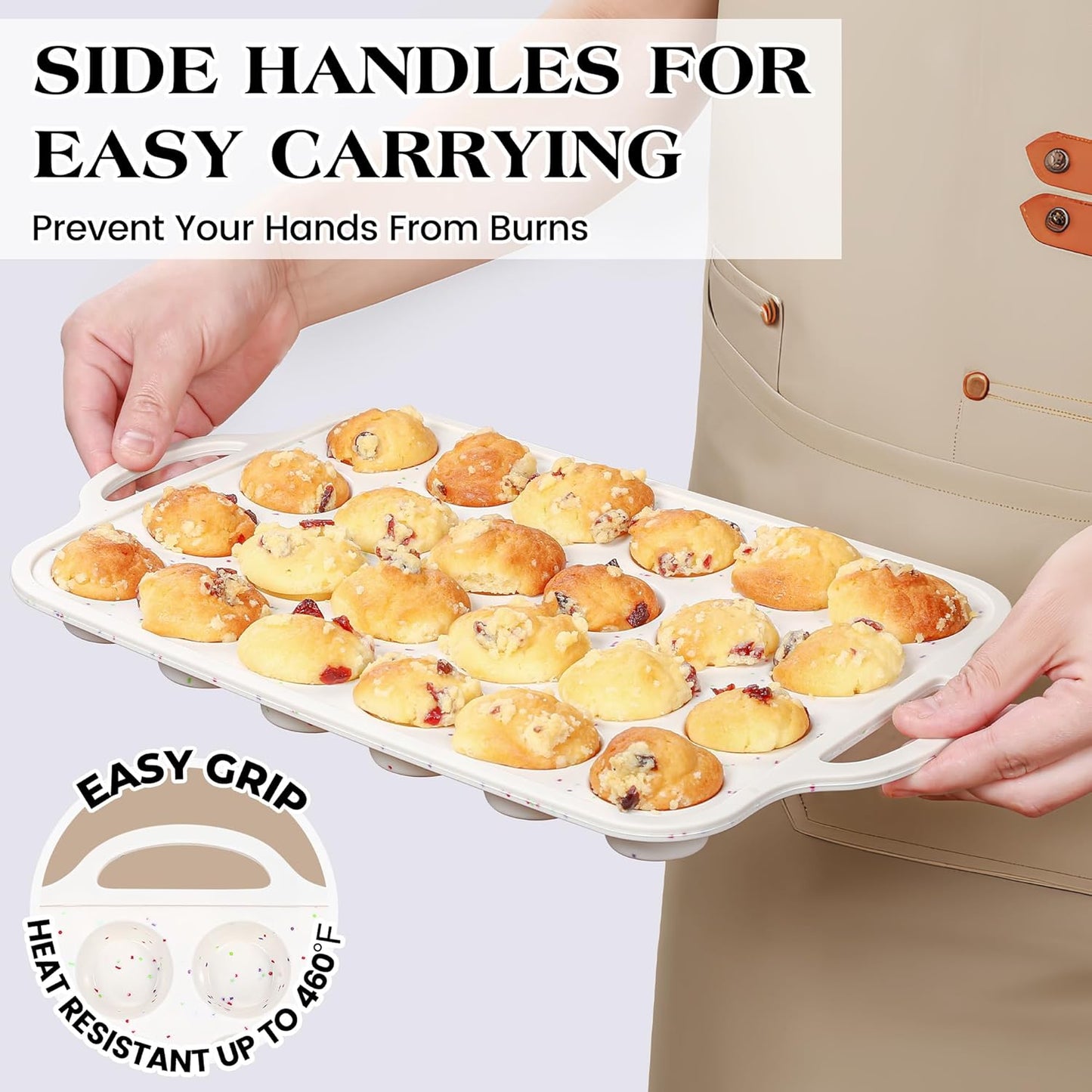 1 Pc Mini Muffin Pans with Metal Reinforced Frame, 24 Cups Nonstick Silicone Cupcake Tray for Baking, Food Grade Small Muffin Molds with Handles (Cream)