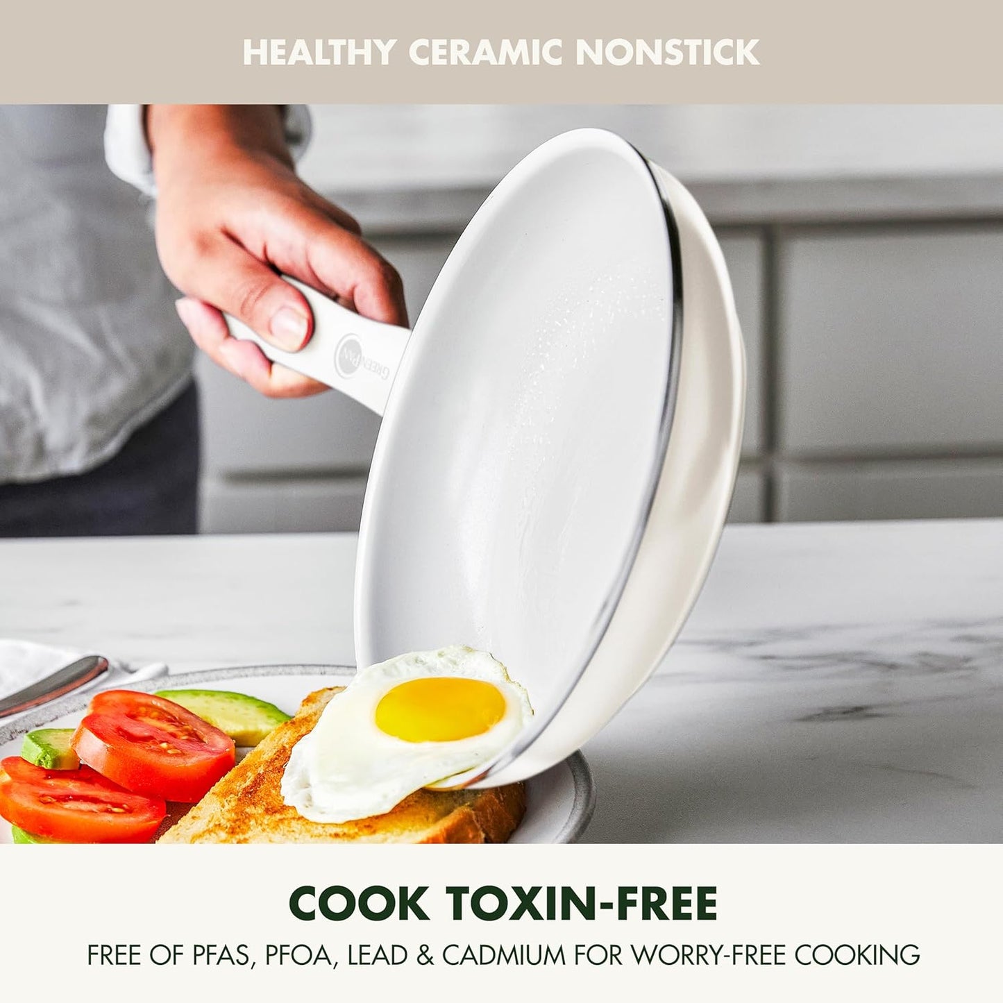 GreenPan Dover 10” Frying Pan Skillet, Non-Toxic PFAS-Free Ceramic Nonstick Coating, Sear Saute Fry Egg Omlete, Dishwasher & Oven Safe, Stay Cool Handle, Easy Pour Rims, Cream White