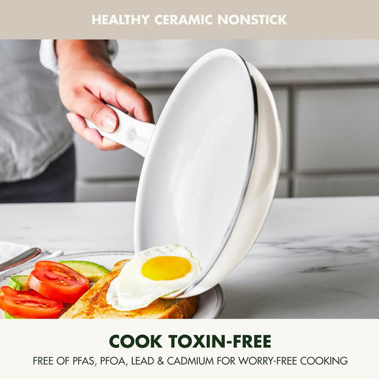 GreenPan Dover 10” Frying Pan Skillet, Non-Toxic PFAS-Free Ceramic Nonstick Coating, Sear Saute Fry Egg Omlete, Dishwasher & Oven Safe, Stay Cool Handle, Easy Pour Rims, Cream White