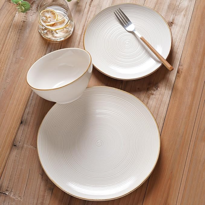 famiware Plates and Bowls Sets for 4, 12 Pieces Stoneware Dinnerware Sets, Dishes Set, Reactive Glaze Dishware Sets, Dishwasher & Microwave Safe, Tempus Series - Antique White
