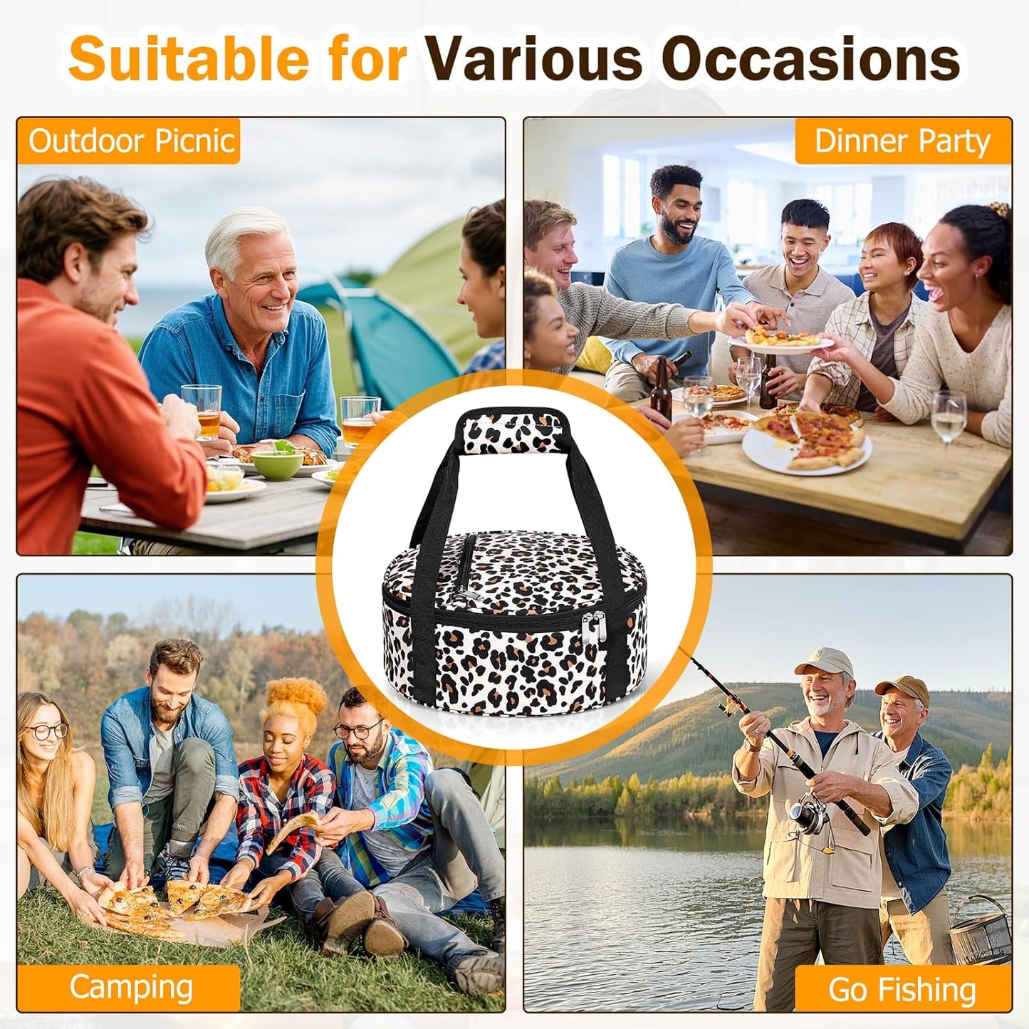 Round Insulated Casserole Carrier, Pie Carrier Bag, Portable Casserole Carrier for Hot or Cold Food Lunch Tote Warmer or Cooler Bag, Lunch Bag for Parties Picnic, Fits 12.5" Baking Dish, Leopard