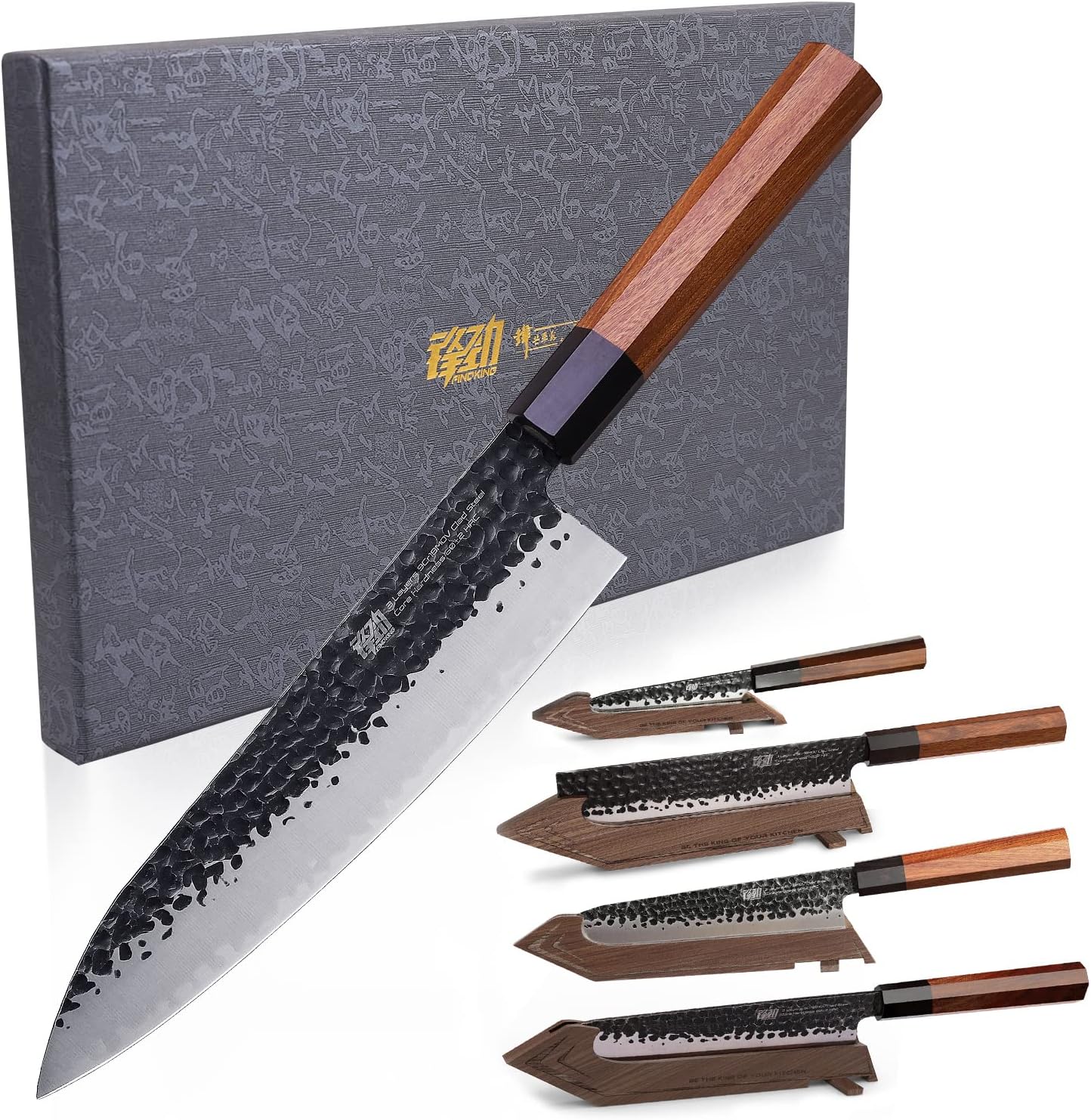 FINDKING Chefs Knives Set and Edge Guards, High Carbon Steel Kitchen Knives, Walnut Knife Holders, for Home Kitchen, Meat, Fruits, Vegetables, Dynasty Series, 8PCS