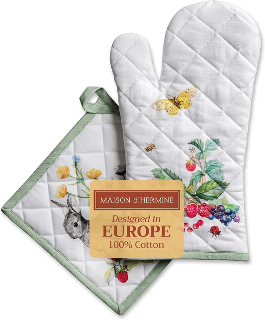 Maison d' Hermine 100% Cotton Oven Mitt & Pot Holder Set (7.5"x13" & 8"x8") Heat Resistant BBQ Cooking Gloves with Loop, Baking, Grilling, Kitchen, Handling Hot Pans Spring/Summer (Printemps)