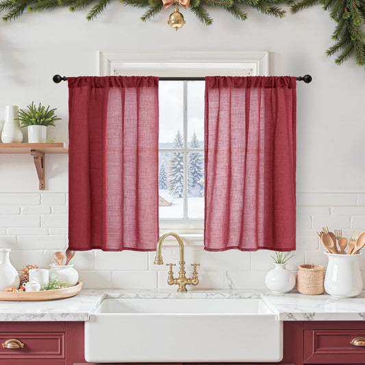 BGment Burgundy Linen Kitchen Curtains for Window Over Sink Christmas Decor, Short Semi Sheer Drapes for Bathroom Cafe with Rod Pocket Lightweight, 2 Panels Set, Each 30 Inch Wide
