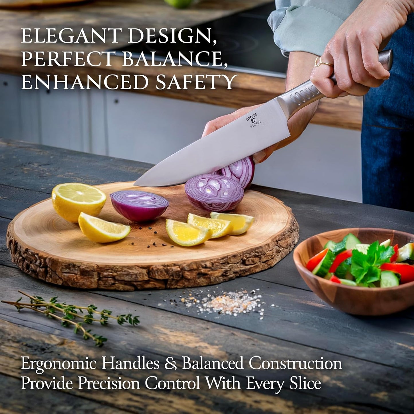 Moss & Stone Professional Kitchen Knife Chef Set, 6 Pcs Small Knife Set With Block, Premium Kitchen Knife Set Stainless Steel, Scratch Resistant & Rust Proof, Knife Block With Sharp Cooking Knives.