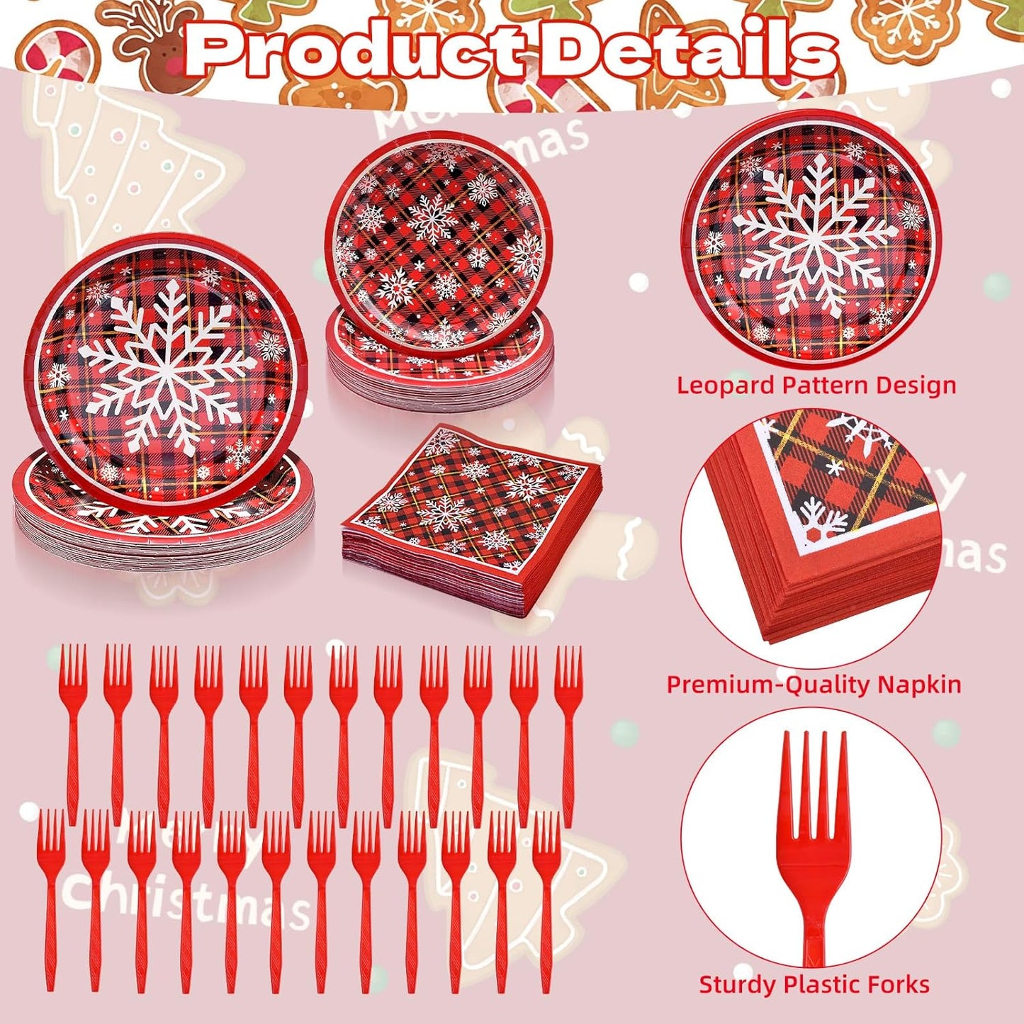 96 Pieces Christmas Snowflake Plaid Tableware Set – Red Buffalo Check Disposable Plates, Napkins, and Forks for Holiday Dinners, Winter Parties, Festive Celebrations – Serves 24 Guests