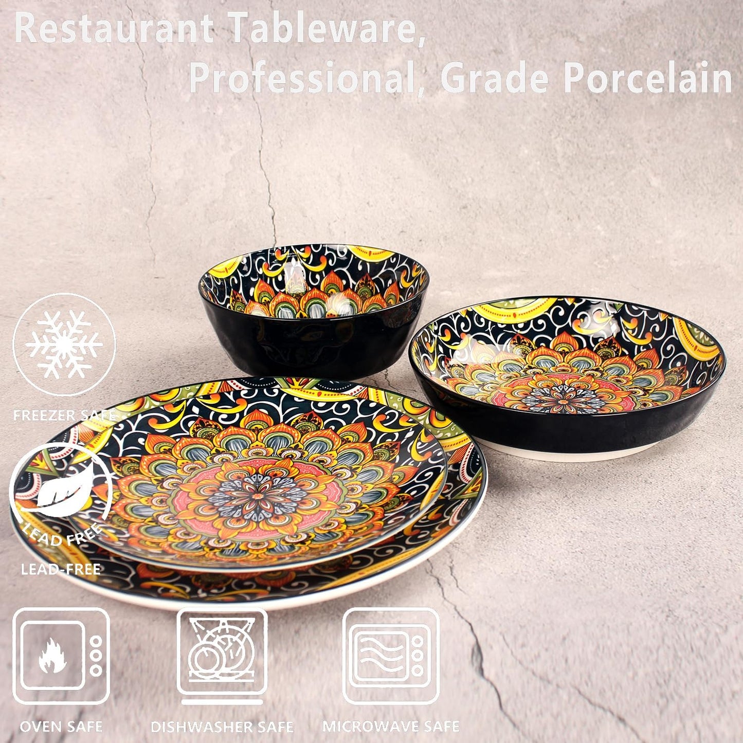 Mandala Dinnerware Sets, Plates and Bowls Set, Porcelain Dishes (16 Pieces) Service for 4, Zanzibar, Bohemian Style Dining Ware, for Kitchen and Dining Multicolor Dinnerware Set, Black