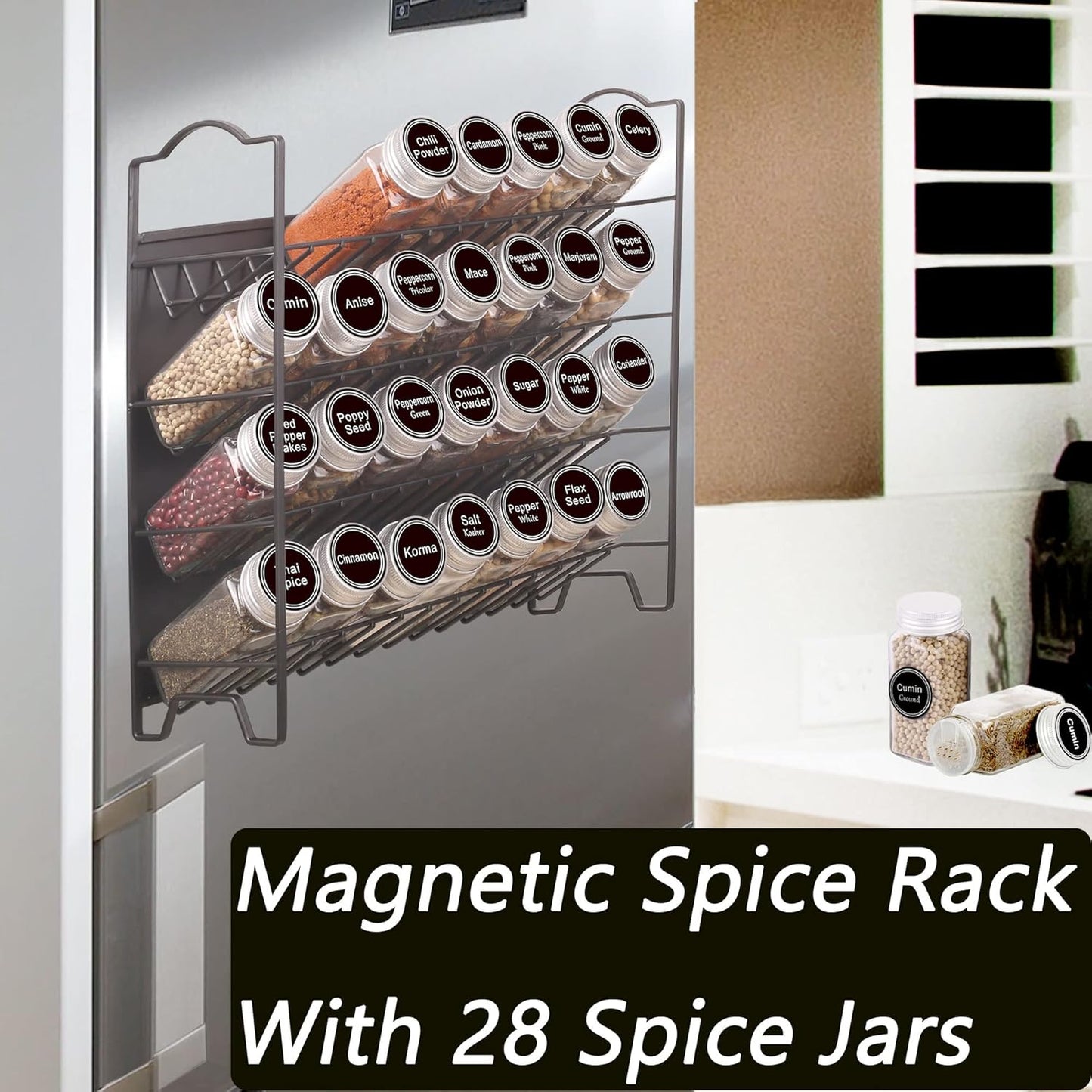 SWOMMOLY Magnetic Spice Rack Organizer with 28 Glass Spice Jars, 396 Spice Labels with Chalk Marker and Funnel Set for Refrigerator, Metal Fridge, Microwave, Cabinet, Countertop,12.9" W x 12.4" H