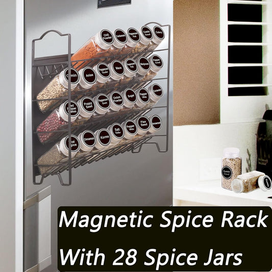 SWOMMOLY Magnetic Spice Rack Organizer with 28 Glass Spice Jars, 396 Spice Labels with Chalk Marker and Funnel Set for Refrigerator, Metal Fridge, Microwave, Cabinet, Countertop,12.9" W x 12.4" H