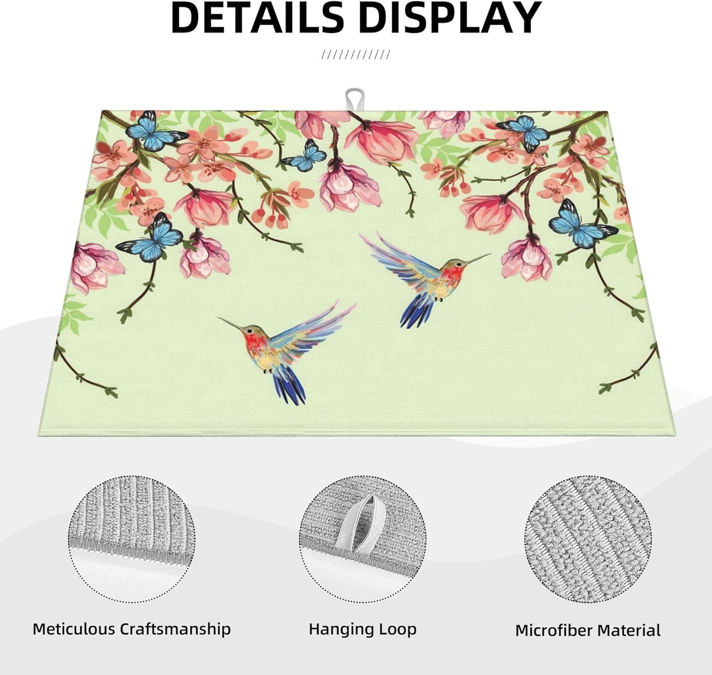 Bird Floral Flowers Dish Drying Mat for Kitchen Counter, 18"x24" Microfiber Absorbent Fast Dry Mat, 2Pcs Dish Mat Faucet Mats Sets, Large Drying Kitchen Mat Kitchen Drying Pad Coffee Bar Decor Gifts