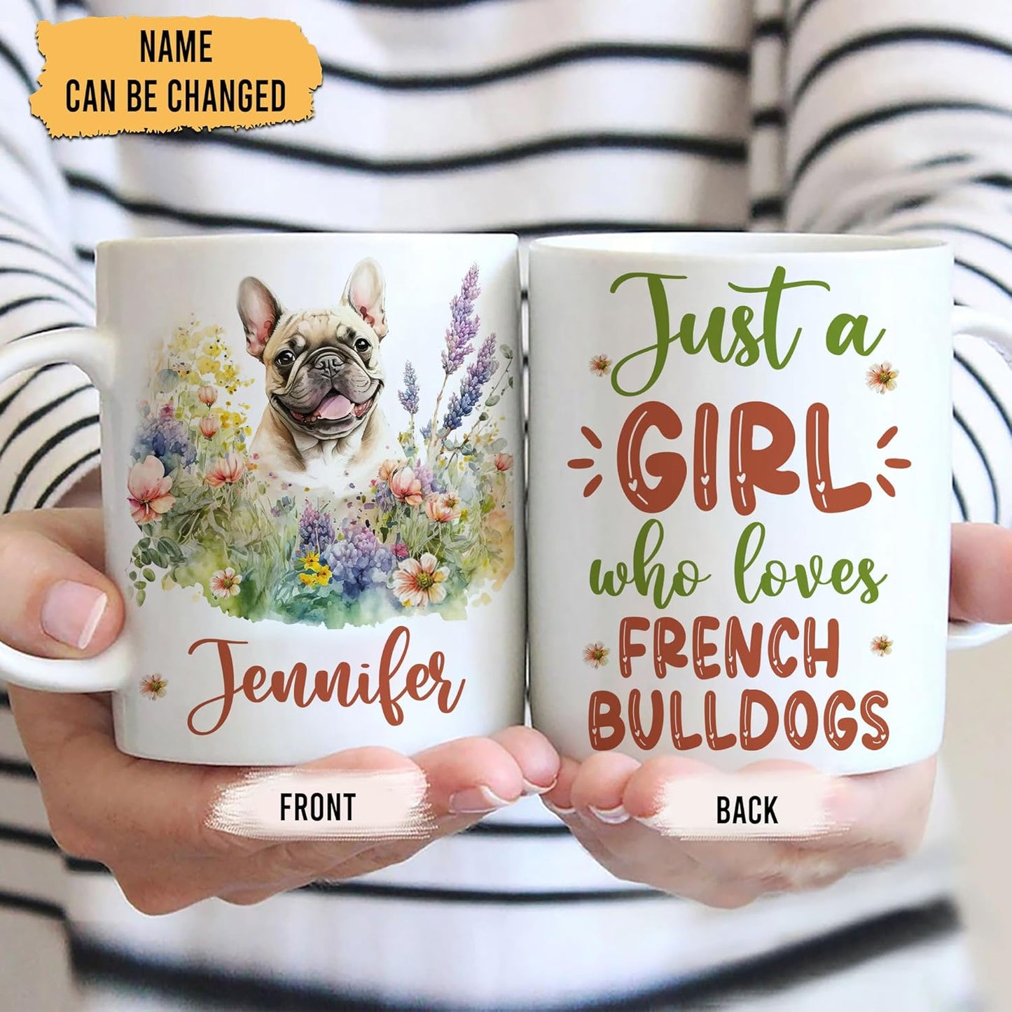Hyturtle Personalized Gifts French Bulldog Lover - Just A Girl Who Loves French Bulldogs Custom Name Ceramic Coffee Mug Cup 11oz - Idea Cute Dog Lover Gifts For Women, Girl On Birthday, Christmas