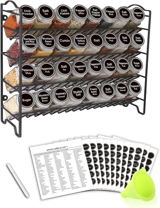 SWOMMOLY Spice Rack Organizer with 32 Glass Spice Jars, 396 Spice Labels, Chalk Marker and Funnel Complete Set, for Cabinet, Countertop, Cupboard or Wall Mount, Black