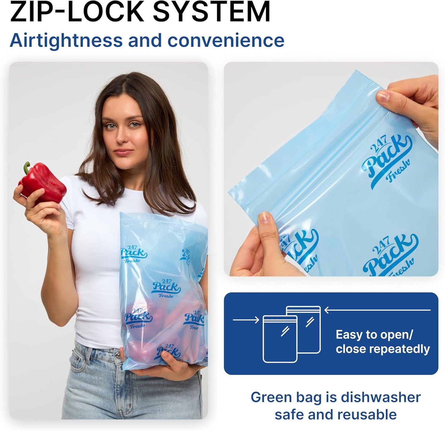 Freshpack 247 Zipper Bag, Size L 30×35 cm (6 L) – Family-Size Reusable Food Storage & Packaging Bags, Helps Keep Fresh up to 3× Longer – Biodegradable, BPA-Free, UV-Shielded, Washable, SGS Tested