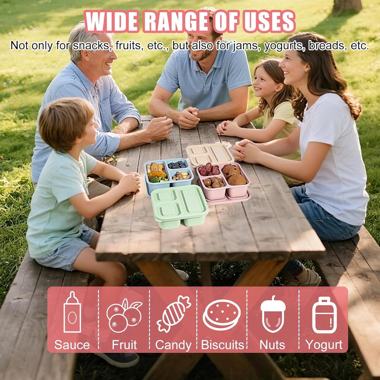 4Piece Silicone Snack Container with Lids, 3 Compartment Snack Container, is Perfect for Lunch Salads, Snack Boxes, and Ideal for Travel, Office, and Picnics.（Lightweight Stackable ）