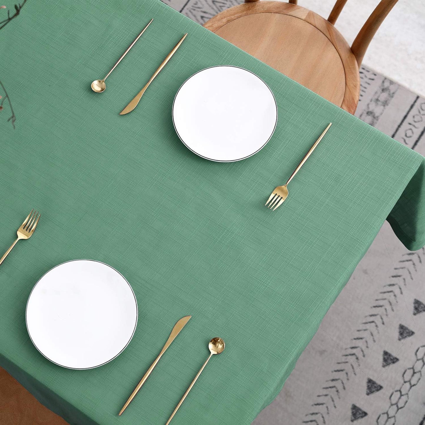 maxmill Lux Faux Linen Table Cloth with Slubby Texture Wrinkle Resistant Anti-Shrink Soft Tablecloth for Kitchen Dining Tabletop for Buffet Banquet Parties Event Dinner Rectangle 52 x 70 Inch Green