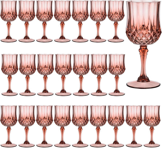 7OZ Plastic Wine Glasses, 24Pcs Rose Red Reusable Drinking Cups Vintage Champagne Flutes, Plastic Crystal Water Goblets for Parties Stemmed Shatterproof Drinking Glasses for Wedding, Toasting Party