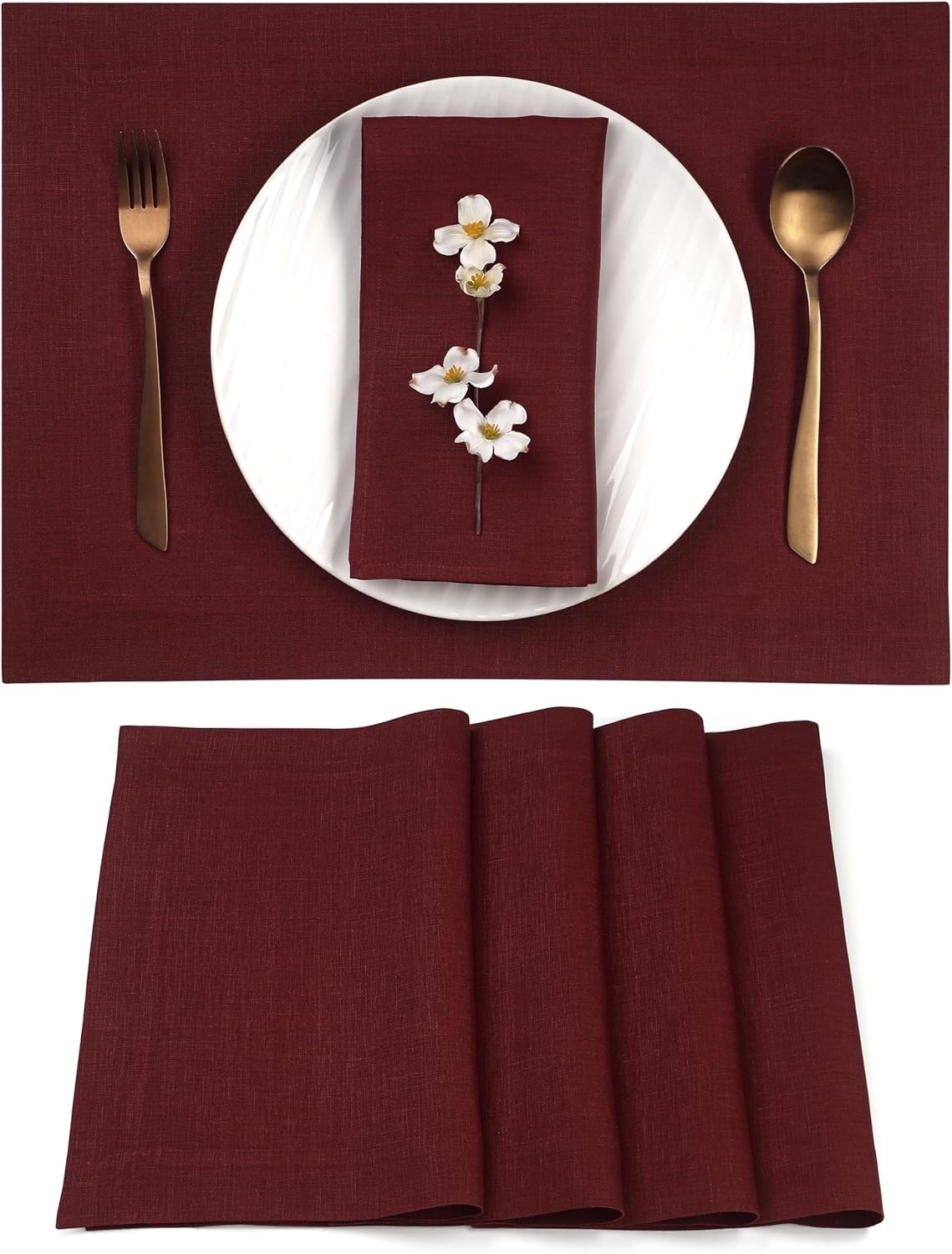 D'Moksha Homes Linen Placemats 14 x 19 Inch - Dark Red Placemats Set of 4-100% Pure Linen Table Place Mats for Fall, Autumn and Halloween - Handcrafted and Machine Washable